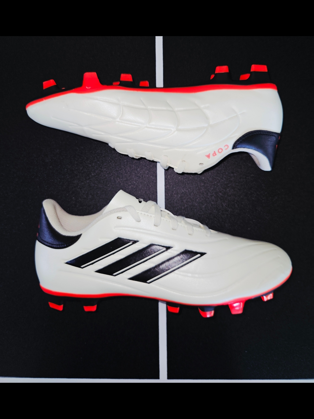 Adidas Copa Men's White Soccer Cleats with Black Stripes and Red Accents